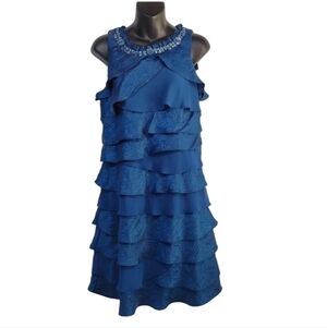 SL Fashion Women's Blue Ryinstone Embellished Layered Sleeveless Dress Size 12